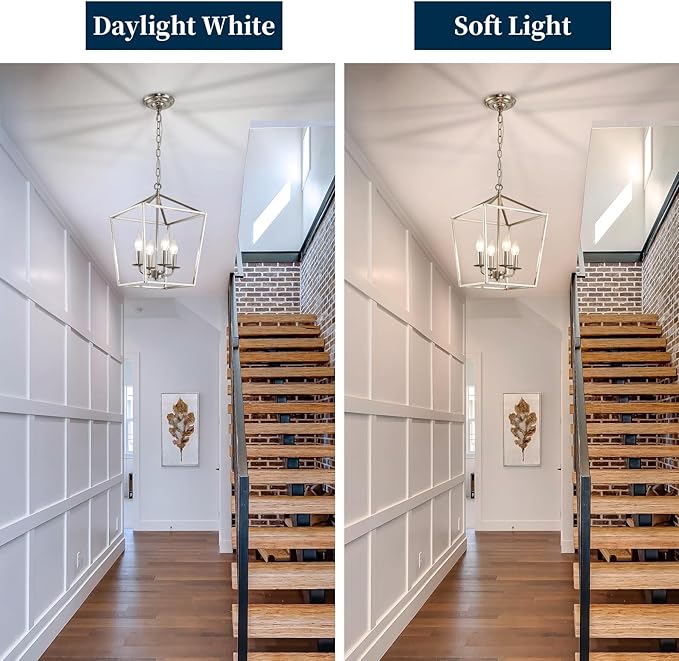 4-Light Brushed Nickel Farmhouse Chandelier, 12" Industrial Ceiling Light Lantern Pendant Light with Metal Cage Adjustable Height Rustic Hanging Light E12 Base for Kitchen Island Dining Room Entryway-CasaMuseHome