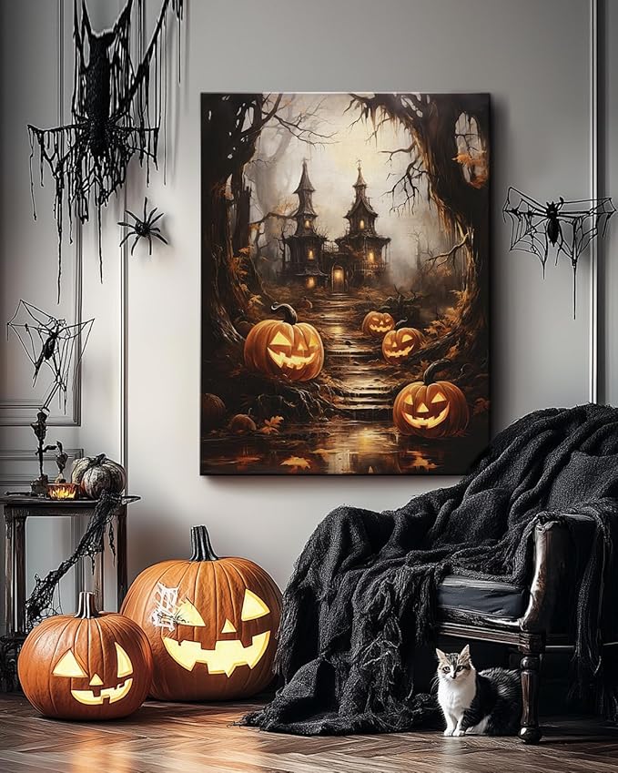 AbcCustomize Halloween Canvas Wall Art - Spooky Haunted House & Eerie Pumpkins Poster, Gothic Fall Decorations for Home, Vintage Halloween Decor Indoor for Living Room, Bedroom & Party-CasaMuseHome