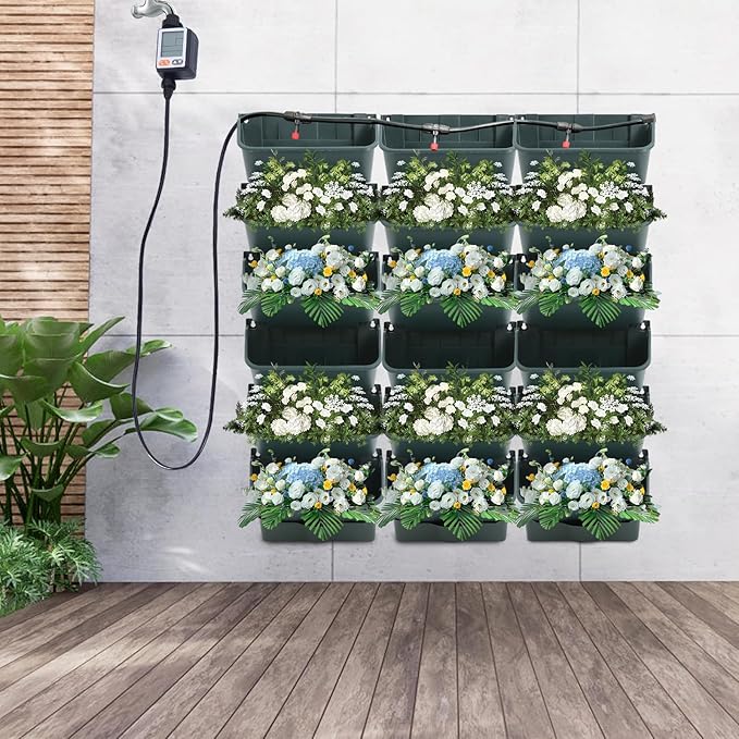 18 Pots Self-Watering Vertical Wall Planter, 39.4”L x 39.4”H Stackable Plastic Wall-Mounted Plant Grow Pots, Wall Hang Garden Planter Outdoor Indoor for Herbs Flowers Strawberries (Green)-CasaMuseHome