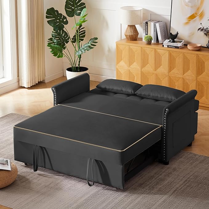58" Velvet Sofa Bed, 3-in-1 Convertible Pull-Out Sleeper Sofa & Couch with Storage Bag and Adjustable Backrest,Perfect for Small Spaces, Living Room, or Office-CasaMuseHome