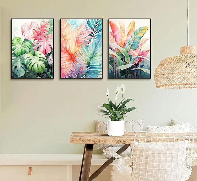 3pcs Tropical Botanical Canvas Wall Art Monstera Leaves Posters Botanical Prints Bohemian style Wall Decor Pictures Palm Leaves Paintings for Bathroom living room Decoration Unframed-CasaMuseHome