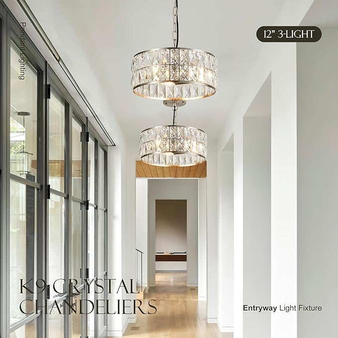 12” 3-Light Modern Crystal Chandeliers Nickel Dinning Room Light Fixture, Round Pendant Light Kitchen Island Chandelier, Flush Mount Ceiling Light for Living Room Entryway Bedroom Foyer-CasaMuseHome