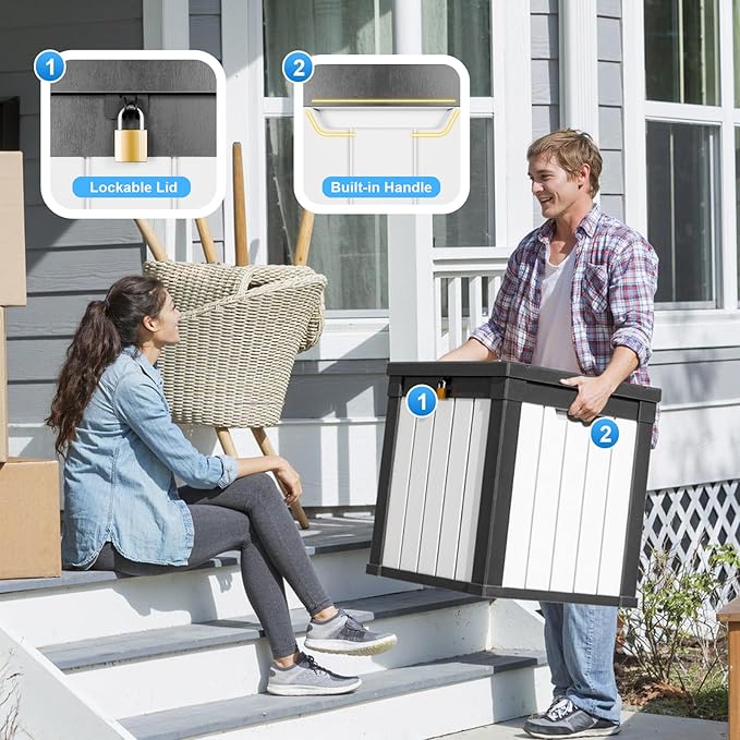 50 Gallon Outdoor Deck Box,Storage Lockable Waterproof Patio Furniture,Garden Tools,Cushions,Pool Accessories Outside Storage Resin Box(SM Black&White)-CasaMuseHome