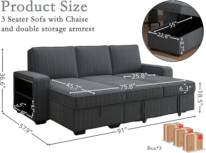 91-inch Reversible Sectional Sleeper-CasaMuseHome