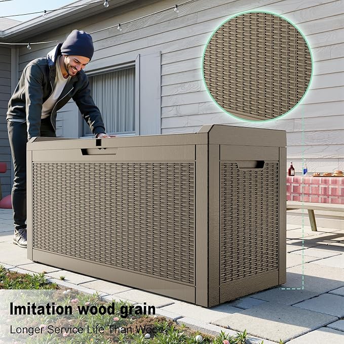 60 Gallon Resin Deck Box, Lockable Outdoor Storage Box for Patio Cushions Storage Furniture,Garden Tools, Pool Supplies, Weatherproof and UV Resistant (Grey Rattan)-CasaMuseHome