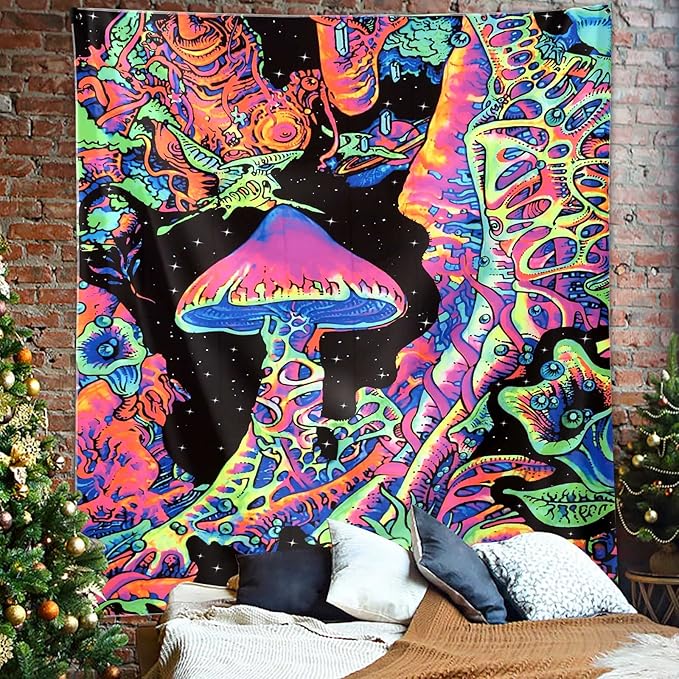ADDWel Blacklight Mushroom Tapestry, Upright Tapestry Glow In The Dark, UV Reactive Black Light Tapestries Posters Wall Hanging for Backdrop Bedroom Dorm Living Room Decor(70"x90")-CasaMuseHome