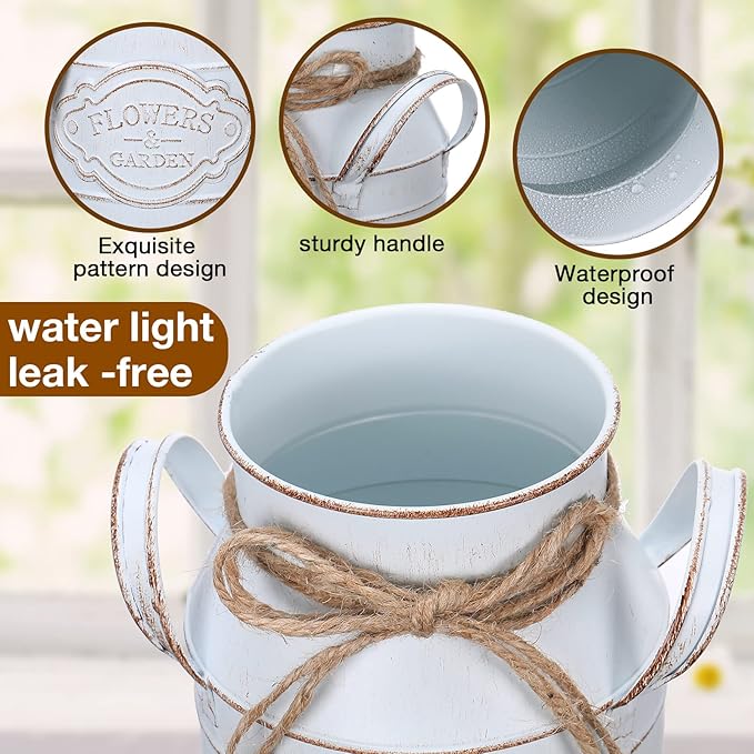 6 Inch Farmhouse Vase Decor Milk Can Vintage Flower Jug Galvanized Metal Vase with Handle Rustic Flower Buckets for Thanksgiving Christmas Table Centerpiece Weddings Gifts(Retro White,4 Pcs)-CasaMuseHome