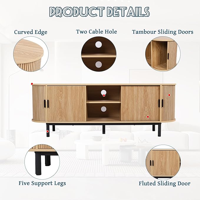 62" Tambour Door TV Stand,Wood Mid Century Modern TV Cabinet for Up to 75“ TV,Curved Edge Long TV Stand with Storage for Bedroom Living Room (Natural, 62.2inch)-CasaMuseHome