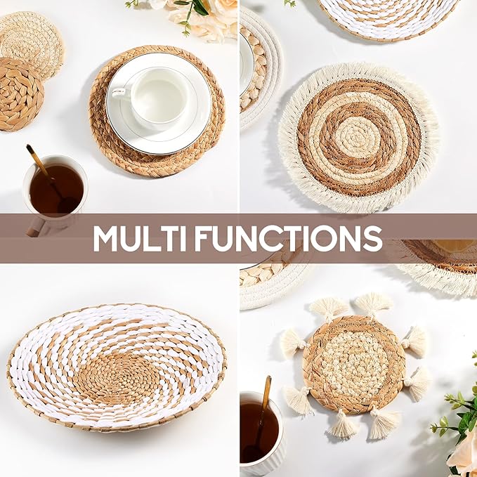 7 Pack Boho Wall Basket Decor - Seagrass Rattan Wicker Wall Decor Round Handmade Hanging Rustic Flat Elegant Wall Art for Farmhouse Living Rooms Bedrooms Display Table Settings Kitchen Home-CasaMuseHome