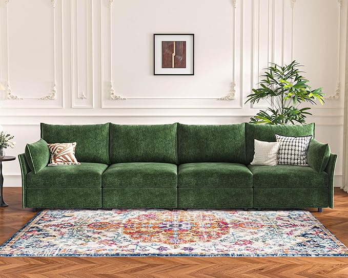 134.6" Modular Sectional Sofa, Oversized 4 Seater Green Couch with Removable Chenille Fabric Cover, Deep Seat & High Backrest for Living Room, Office & Apartment-CasaMuseHome