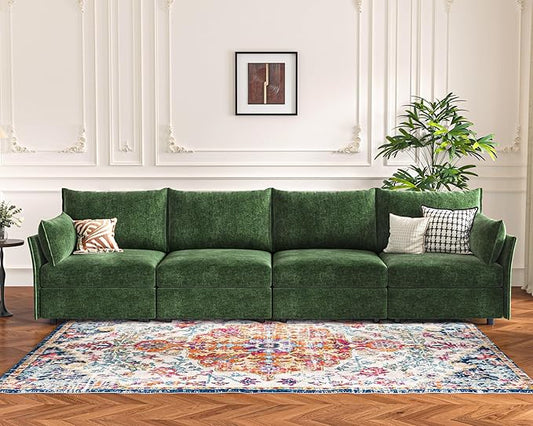 134.6" Modular Sectional Sofa, Oversized 4 Seater Green Couch with Removable Chenille Fabric Cover, Deep Seat & High Backrest for Living Room, Office & Apartment-CasaMuseHome