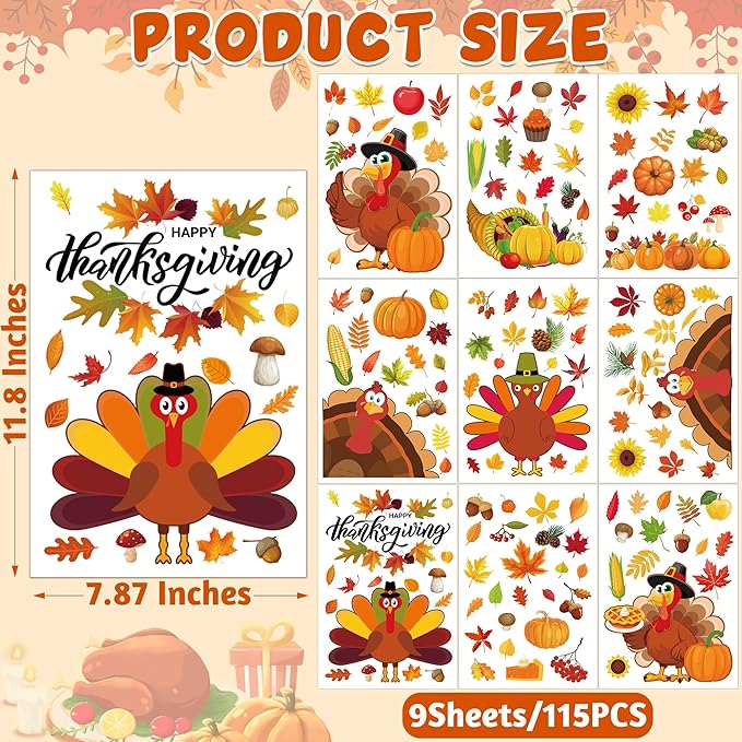 9 Sheets Thanksgiving Window Clings, 115PCS Thanksgiving Decorations Window Stickers, Turkey Decal Stickers with Cute Cones Nuts Maple Leaves Patterns for Fall Harvest Decorations Decor Accessories-CasaMuseHome