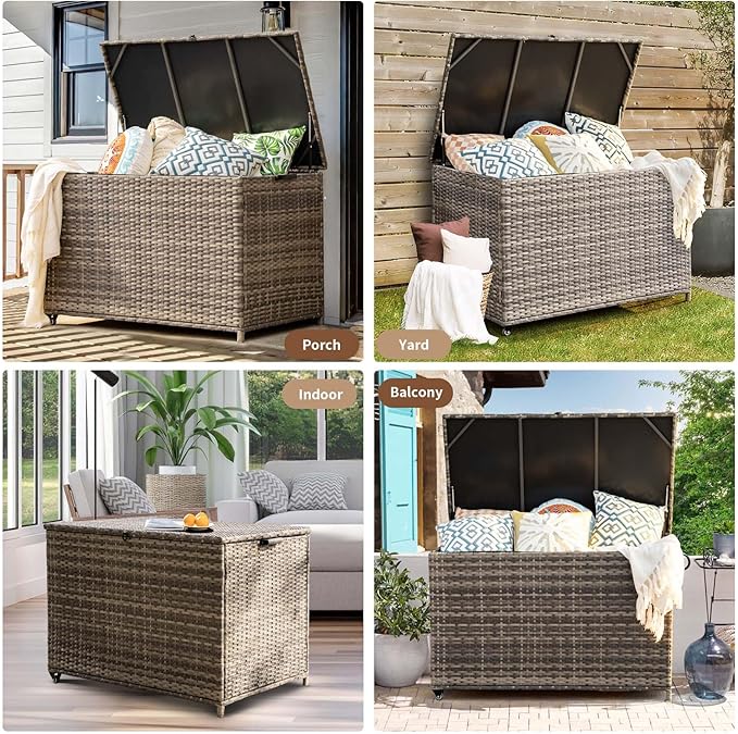 178 Gallon Outdoor Storage Box, Patio Deck Box with 2 Wheels, Handle Large Portable Wicker Rattan Deck Box for Patio Furniture Cushions, Throw Pillows, Garden Tools and Pool Floats (Gray)-CasaMuseHome