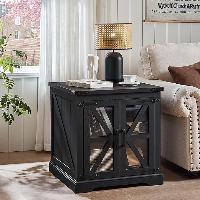 24" End Table with Charging Station, Farmhouse Night Stand with Glass Barn Door, Black Nightstands with Adjustable Storage Shelf, Large Wood Square Bed Side Table for Living Room,Bedroom-CasaMuseHome
