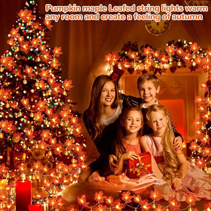 2 Pack Fall Garland with Pumpkin Lights Halloween Decorations Indoor 60 LED 20 Ft Enlarged Maples Leaves Fall Lights Battery Operated Halloween Garland Thanksgiving Decor Home Indoor Outdoor Christmas-CasaMuseHome