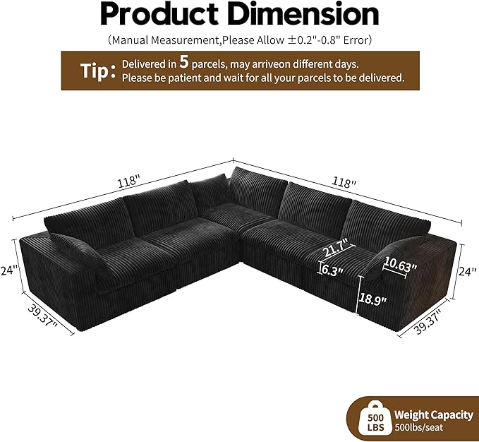 118" V Shaped Corner Modern Sofa Modular Sectional Cloud Couch,Deep Seat Upholstered Couches with Plush Corduroy Fabric for Living Room Furniture,Bedroom and Apartment,No Assembly Required,Black-CasaMuseHome