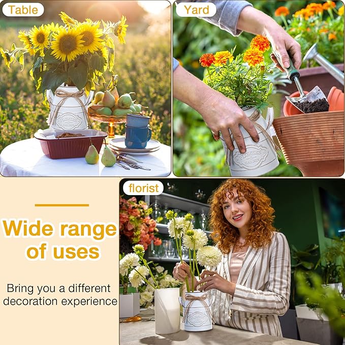 6 Inch Farmhouse Vase Decor Milk Can Vintage Flower Jug Galvanized Metal Vase with Handle Rustic Flower Buckets for Thanksgiving Christmas Table Centerpiece Weddings Gifts(Retro White,16 Pcs)-CasaMuseHome