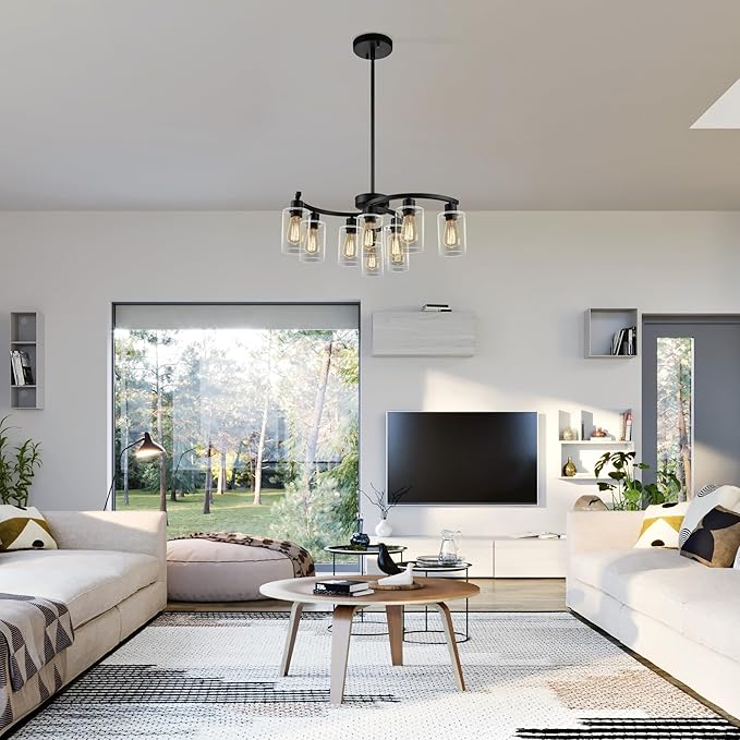 9-Light Black Modern Chandeliers for Dining Room, Adjustable Height Farmhouse Kitchen Island Lighting, Industrial Hanging Light Fixtures for Living Room Bedroom, Clear Glass Shade-CasaMuseHome