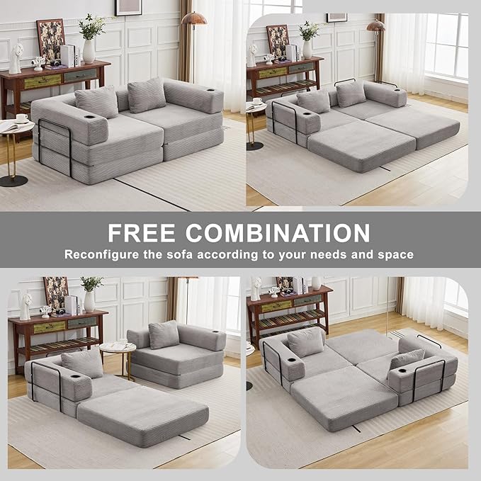 78" W Loveseat Sofa, 4 in 1 Convertible Floor Sofa Bed, Boneless Cloud Couch with Cup Holder, Fold Out Floor Couch, Loveseat Recliner Sleeper for Living Room Bedroom Lounge(Corduroy, White)-CasaMuseHome