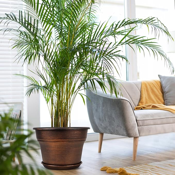 10 Inch Planters Plant Pots Indoor Outdoor, 4 Pack Plastic Flower Pot for Indoor Plants with Drainage Holes & Trays, Resin Decorative Container Sets with Saucer for House Garden Copper-CasaMuseHome