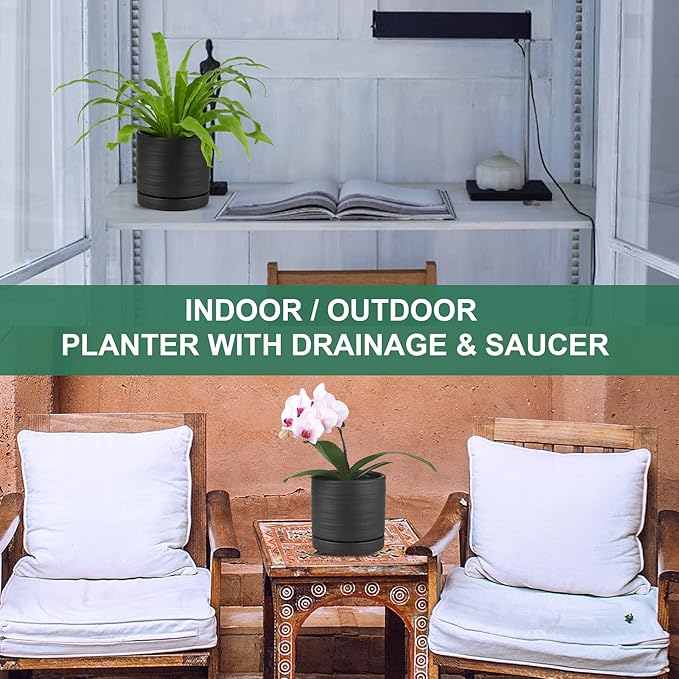 6 Inch Plant Pots, Ceramic Planter Pot with Drainage Hole & Saucer, Indoor/Outdoor Cylinder Round Planter Pot, Matte Black-CasaMuseHome