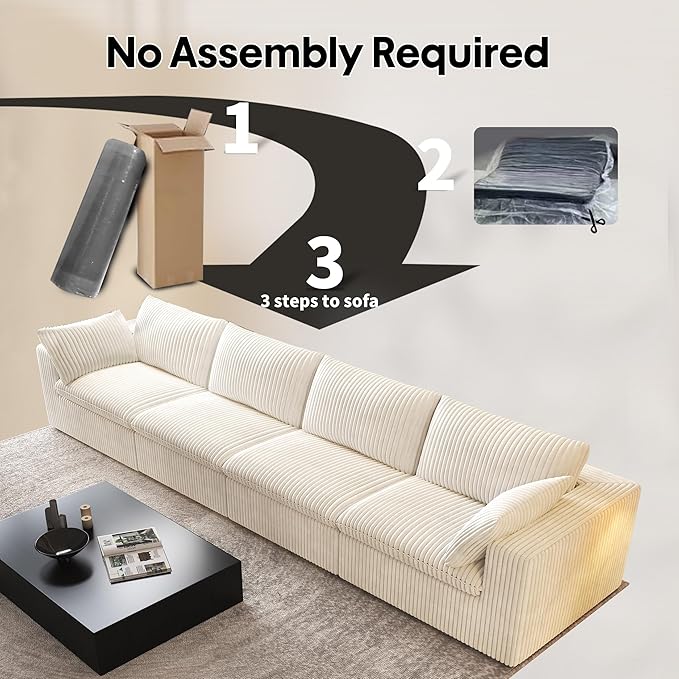 157.5" 4-Seater Cloud Sofa,Modular Sectional Couch,Modern Deep Seat Upholstered Couches with Plush Corduroy Fabric for Living Room Furniture,Bedroom and Apartment,No Assembly Required,White-CasaMuseHome