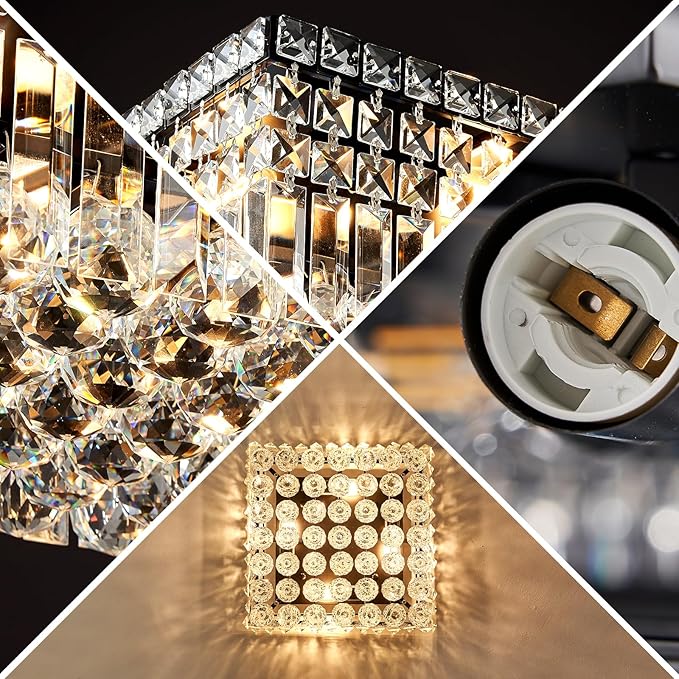 4-Light Black Crystal Chandeliers Flush Mount Chandelier Light Fixture with K9 Crystals Modern Ceiling Lights Elegant Square Lamp for Bedroom,Hallway,Bar,Living Room,Dining Room,H5.9 xW13.7-CasaMuseHome