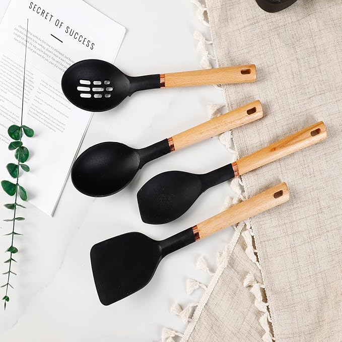 13-Piece silicone utensil set wood handle nonstick cookware safe dishwasher safe kitchen tools BPA free heat resistant (450°F/230°C) ceramic pan safe cooking gifts housewarming (Black)-CasaMuseHome