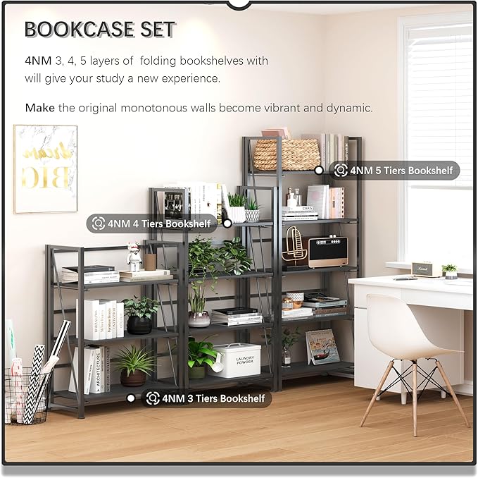 4NM No Assembly Foldable Bookshelf, 5-Shelf Collapsible Bookcase Storage for Small Spaces, 62.2" H, All Black-CasaMuseHome