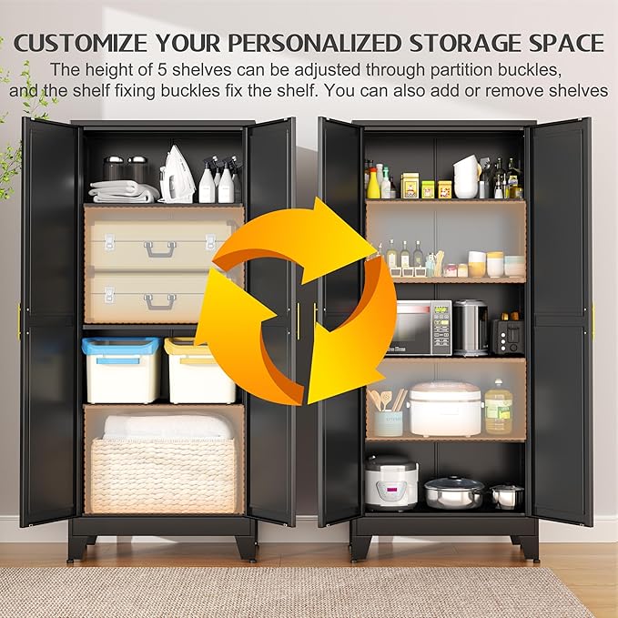 75.2" Tall Storage Cabinet, Pantry Storage Cabinets with 2 Door and 5 Adjustable Shelves, Black Kitchen Food Cabinet, Metal Utility Cabinets for Kitchen, Dinning Room, Laundry Room-CasaMuseHome