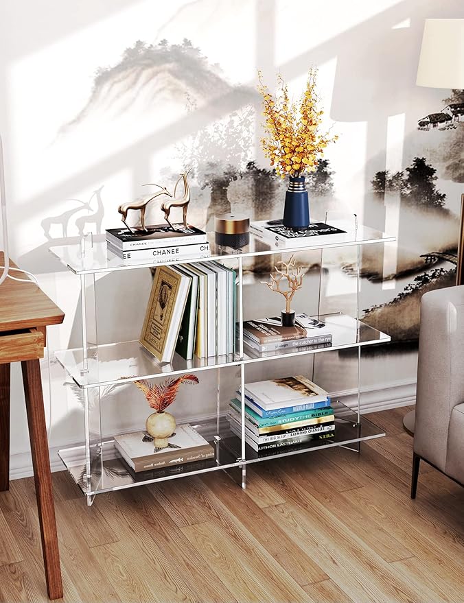 Acrylic Bookshelf, Small 3 Tier Open Bookcase for Small Spaces,Sofa Table, Hallway Entry Table for Home Living Room (Clear, 39.4'' x 11.8'' x 31.5'')-CasaMuseHome