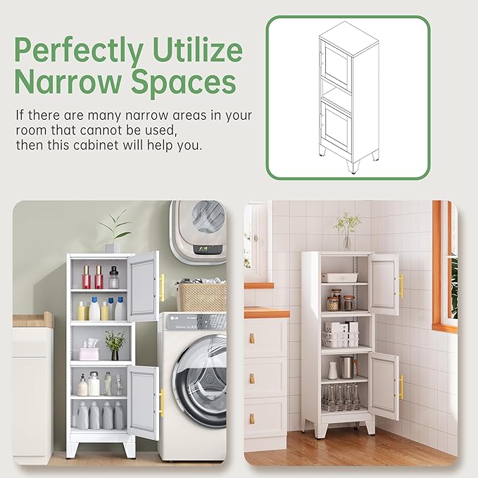47.24" H Metal Narrow Bathroom Storage Cabinet Pantry Storage Cabinet, 2 Adjustable Shelves for Kitchen, Home Office, Living Room, Dinning Room (White)-CasaMuseHome