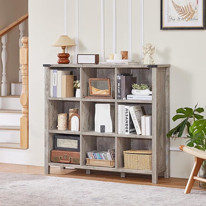 9 Cube Bookcase, Farmhouse 47 Inch Wide Grey Oak Bookshelf, Wooden 3 Tier Display Large Open Book Shelf, Vintage Horizontal Book Case for Home Office, Cubby Storage Cabinet for Living Room-CasaMuseHome