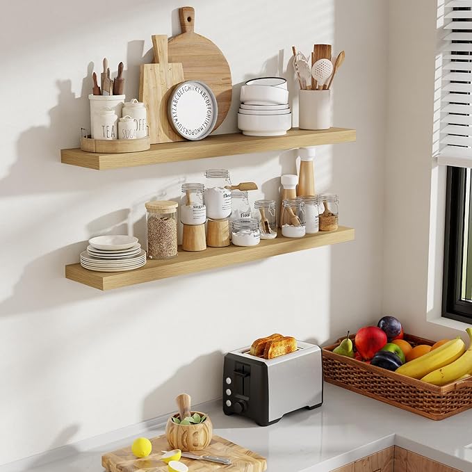 40 Inch Floating Shelves, 8 Inch Deep Floating Shelves for Wall, Hanging Shelf with Invisible Brackets, Deep Shelves for Bathroom, Bedroom, Living Room, Oak, Set of 2-CasaMuseHome