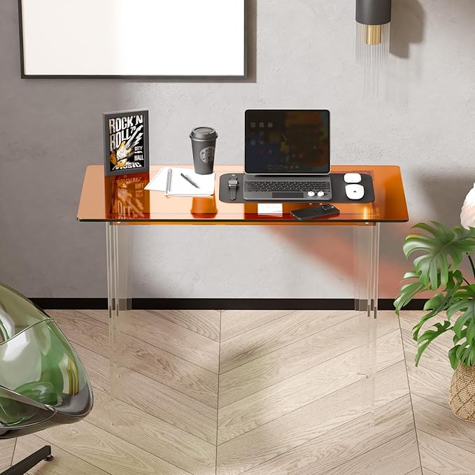 Acrylic Desk, Modern Study Table for Home Office - Extended Surface Multi-Purpose Console & Entryway Table, Sturdy Lightweight Design (42.5-inch, Orange)-CasaMuseHome