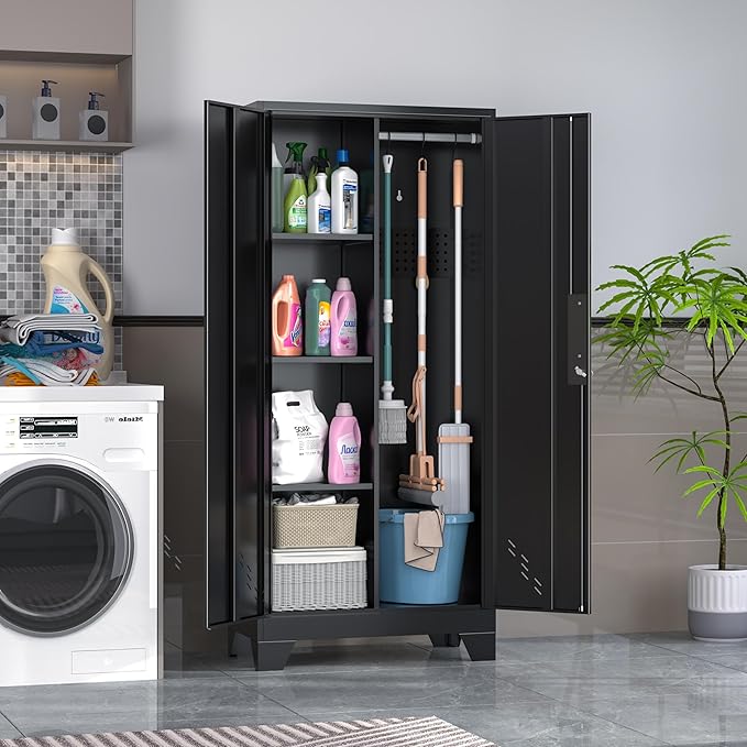 61" H Metal Storage Cabinet, Utility Cabinets with Locking Doors, Laundry Cabinet with Hanging Rod, Garage Tool Storage Cabinets for Home Office, Garage, Bathroom (Black)-CasaMuseHome