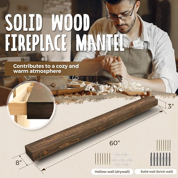 60x8x3 Fireplace Mantel - Handcrafted Hollow Rustic Solid Wood Wall Mounted Floating Shelf with Invisible Heavy Duty Wood Bracket (Weathered Brown)-CasaMuseHome