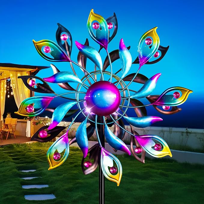 51.9" Peacock Solar Wind Spinner Outdoor Decor – Waterproof LED Lighted Garden Art with Adjustable Metal Pole, IP65 Weather Resistant for Yard, Patio-CasaMuseHome