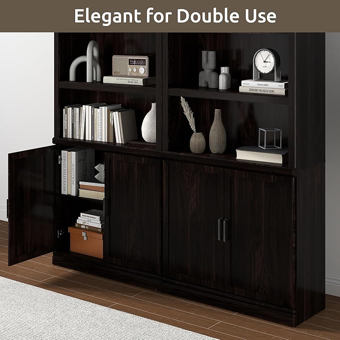 70 Inch Tall Bookcase with Doors, Library Office Bookshelf with Adjustable Shelves, Floor Standing Storage Cabinet for Bedroom Living Room Organizer with Anti Tipping Kit, Dark Cherry Finish-CasaMuseHome