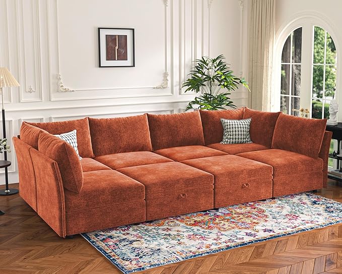 135.5" Oversized Modular Sectional Sofa, L Shaped Convertible Couch with Movable Ottoman, Large 6 Seat Corner Couches for Living Room Deep Seat Terracotta Orange Chenille-CasaMuseHome