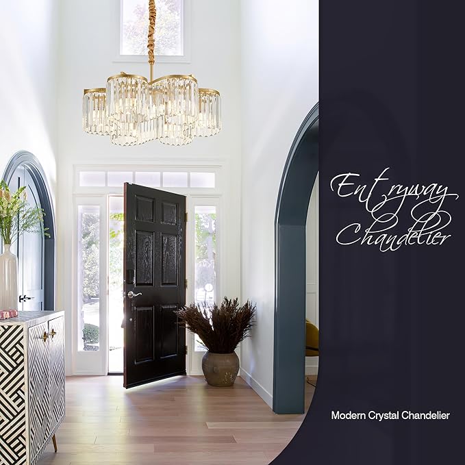 24.4“ Gold Semi Flush Mount Ceiling Light Fixtures, 6-Light Gold Modern Crystal Chandelier Height Adjustable Pendant Lighting for Bedroom Entryway Hallway Kitchen Island Living Room Foyer-CasaMuseHome