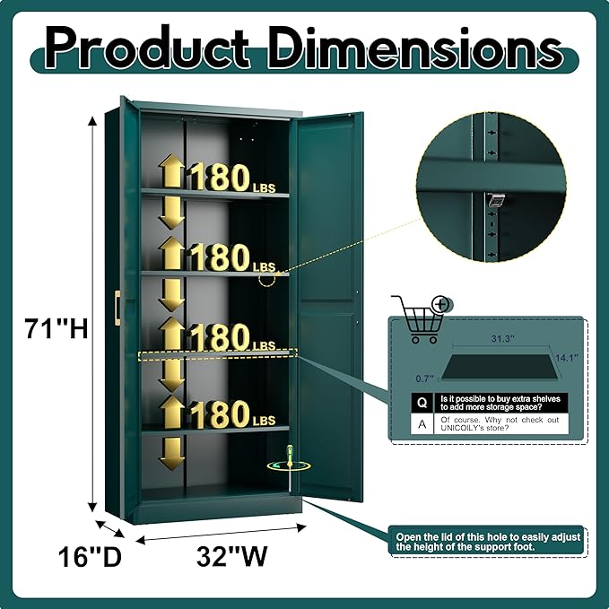 71" Storage Cabinet, Metal Pantry Cabinet, Kitchen Pantry Storage Cabinets with Doors and 4 Shelves, Cabinets for Laundry Room, Living Room, Dinning Room, Assembly Required, Green-CasaMuseHome