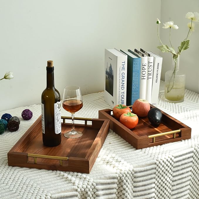 Set of 2 Acacia Wood Serving Trays with Gold Metal Handles for Food Serving, Appetizers & Snacks - Ideal for Bed, TV, Ottoman or Coffee Table Décor, Home Decoration Accessory 15.75x11.8 Inch-CasaMuseHome