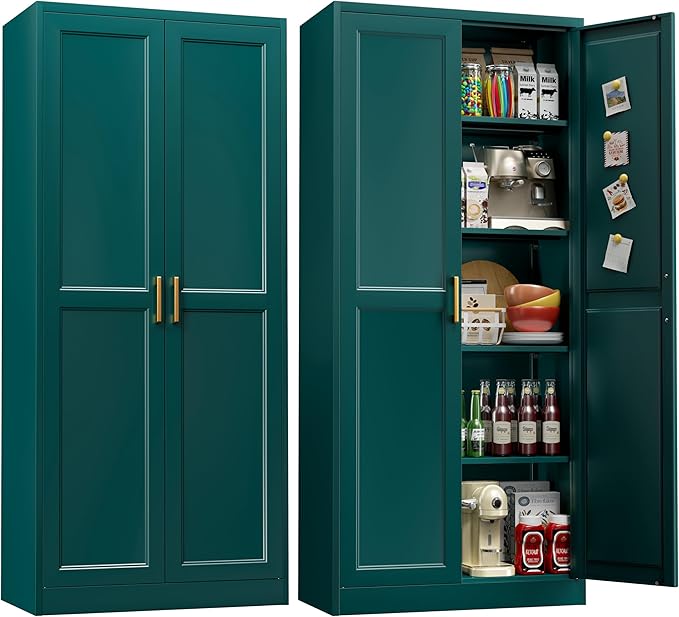 71" Storage Cabinet, Metal Pantry Cabinet, Kitchen Pantry Storage Cabinets with Doors and 4 Shelves, Cabinets for Laundry Room, Living Room, Dinning Room, Assembly Required, Green-CasaMuseHome