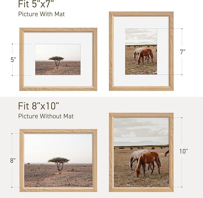 8x10 Picture Frame Set of 4 Natural Solid Oak Photo Frames with 5x7 Removable Mat Wall Hanging Large Handcrafted Frame with HD Plexiglass Wall and Tabletop Display Large Poster Frame-CasaMuseHome