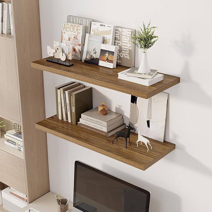 36" Floating Shelves for Wall, 12" Deep Slim Walnut Floating Shelves, Wall-Mounted Shelves for Bedroom, Living Room, Kitchen, Bathroom - Set of 2-CasaMuseHome