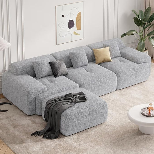 122" Modern L Shaped Modular Sectional Sofa, Boneless Couches for Living Room with Ottoman,4 Seater Convertible Chenille Cloud Couch Sofa Set, No Assembly Required, Light Grey 1 PCS-CasaMuseHome