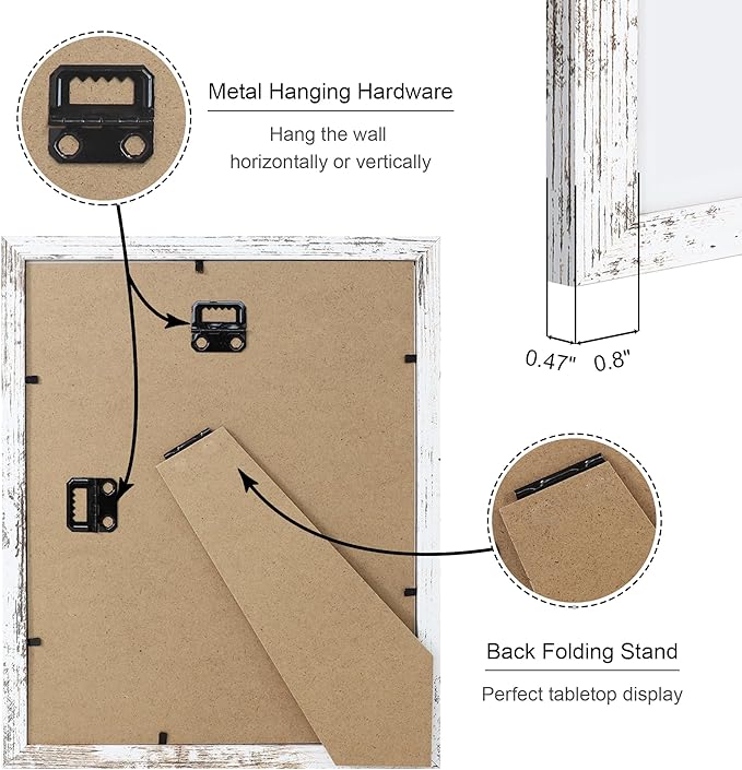 8x10 Picture Frame Set of 4, 8 x 10 Wood Photo Frames with Mat for 5x7, Rustic Natural Wooden Frame with Real Glass Cover for Wall and Tabletop Display,Distressed White-CasaMuseHome
