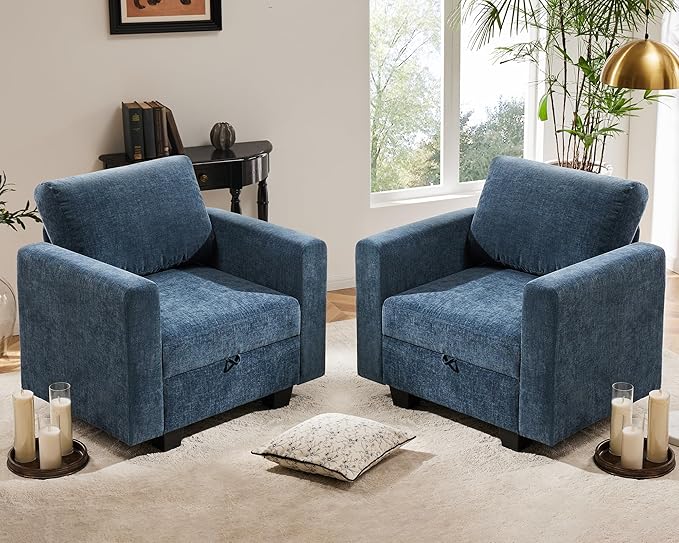 38.5 Oversized Accent Chair with Storage Blue Chenille, Single Modern Accent Sofa Chair with Arms for Apartment Living Room (21" Deep Seat)-CasaMuseHome