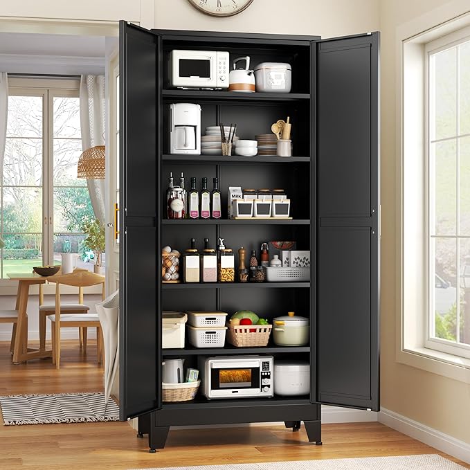 75.2" Tall Storage Cabinet, Pantry Storage Cabinets with 2 Door and 5 Adjustable Shelves, Black Kitchen Food Cabinet, Metal Utility Cabinets for Kitchen, Dinning Room, Laundry Room-CasaMuseHome